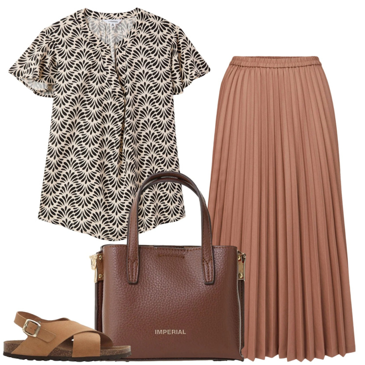 Outfit donna - Colori della natura. Stile Casual per Tutti i giorni. Abbinamento con sandali in pelle, bluse, borse a tracolla, minigonne.