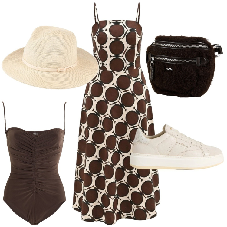 Outfit donna - Eleganza curvy per le sere di giugno. Stile Bon Ton per Serata fuori. Abbinamento con body, cappelli, marsupi, vestiti lunghi, sneakers.