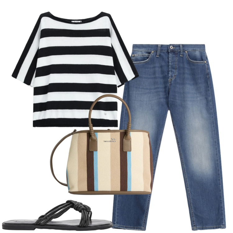 Outfit donna - Giugno. Stile Casual per Tutti i giorni. Abbinamento con shopping bag, jeans dritti, top, sandali.