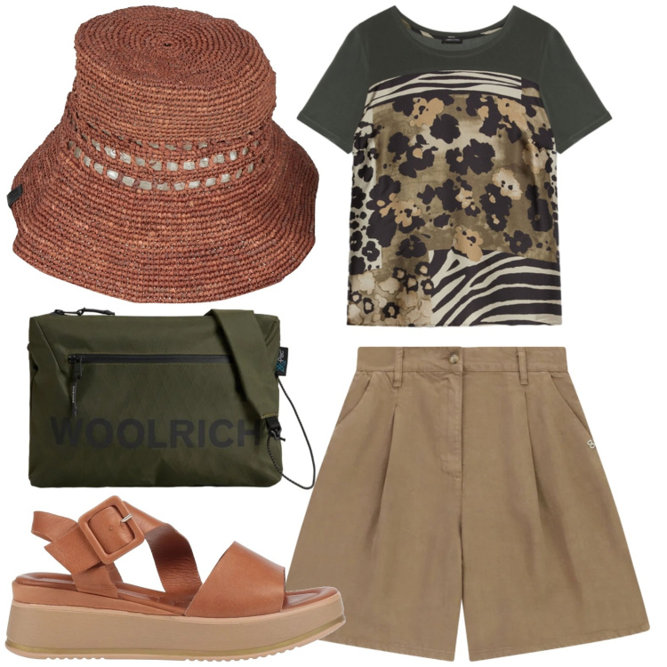 Outfit donna - Stampe tropicali. Stile Casual per Tutti i giorni. Abbinamento con cappelli con visiera, sandali in pelle, bermuda, borse a tracolla, t-shirt.