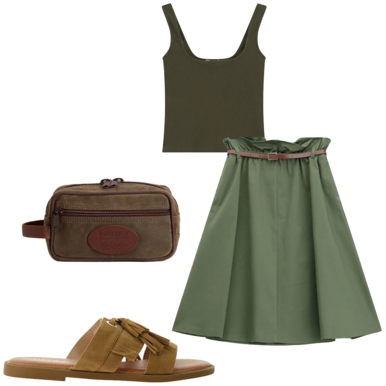 Outfit donna - Sabato commissioni. Stile Casual per Tutti i giorni. Abbinamento con sandali, top, gonne longuette, valigie.