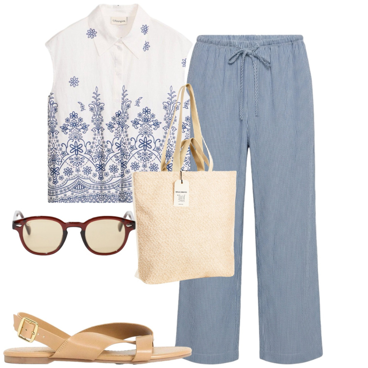 Outfit donna - Total look #2424685. Stile Basic per Tutti i giorni. Abbinamento con sandali, camicie a manica corta, pantaloni, occhiali da sole, borse tote.