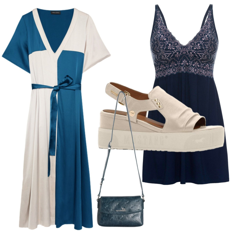 Outfit donna - Blocchi di colore. Stile Casual per Tutti i giorni. Abbinamento con vestaglie, sandali, borse a tracolla, vestiti midi/longuette.