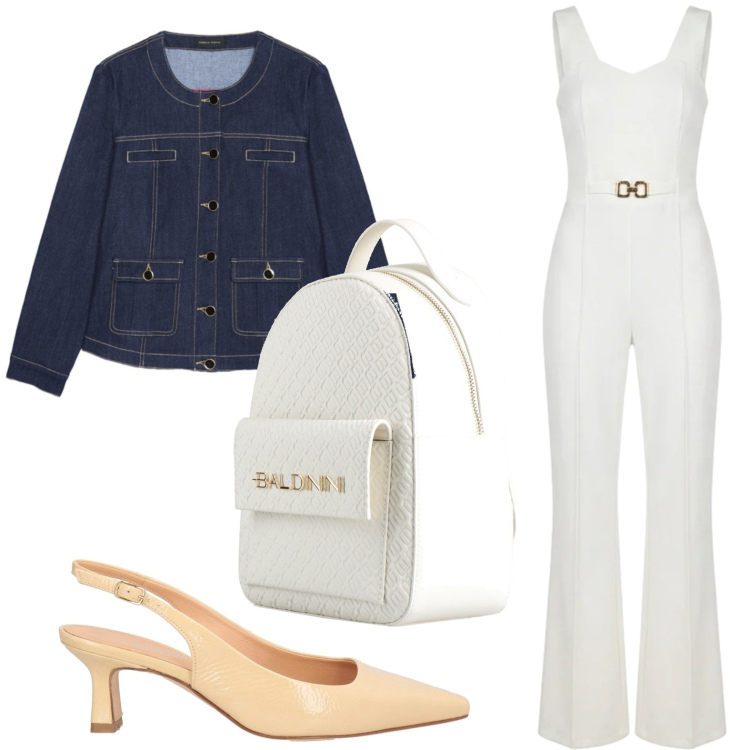 Outfit donna - La tuta white. Stile Casual per Serata fuori. Abbinamento con zaini, décolleté, tute, blazer.