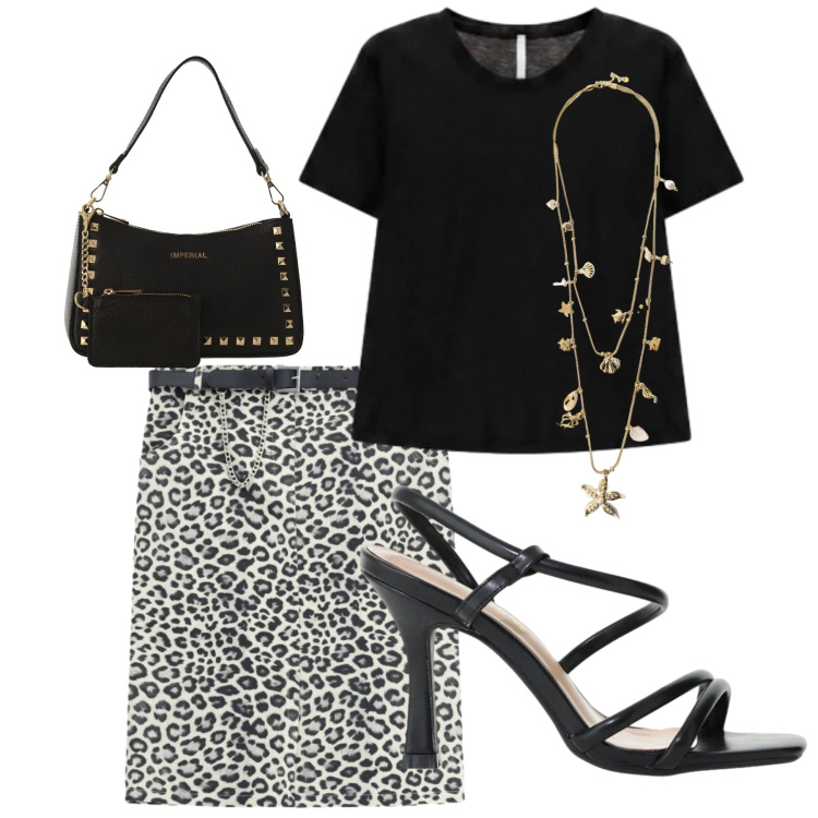 Outfit donna - Comoda e chic. Stile Bon Ton per Serata fuori. Abbinamento con borse a spalla, gonne longuette, sandali col tacco, collane, t-shirt.