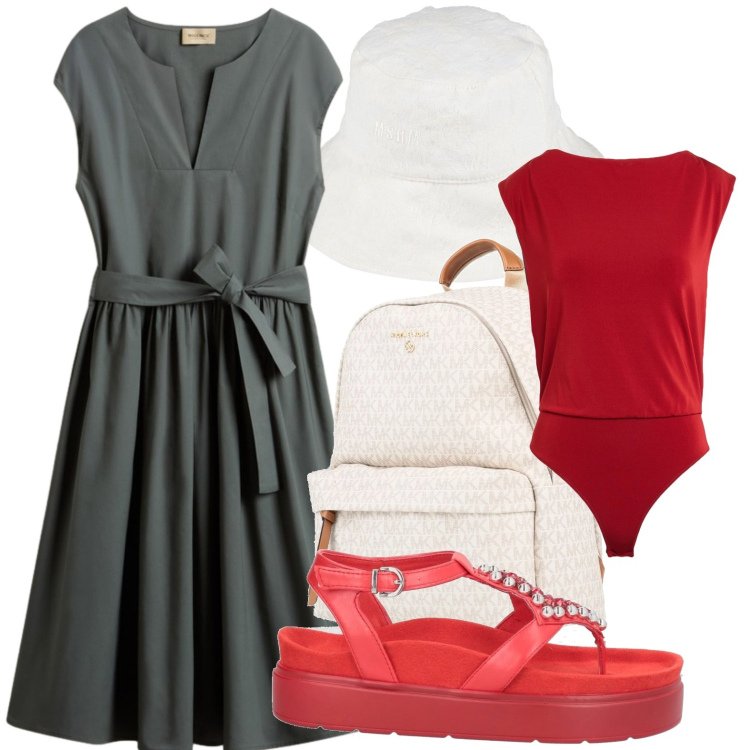 Outfit donna - Touch red. Stile Casual per Tutti i giorni. Abbinamento con cappelli, zaini, body, ciabatte, vestiti corti.
