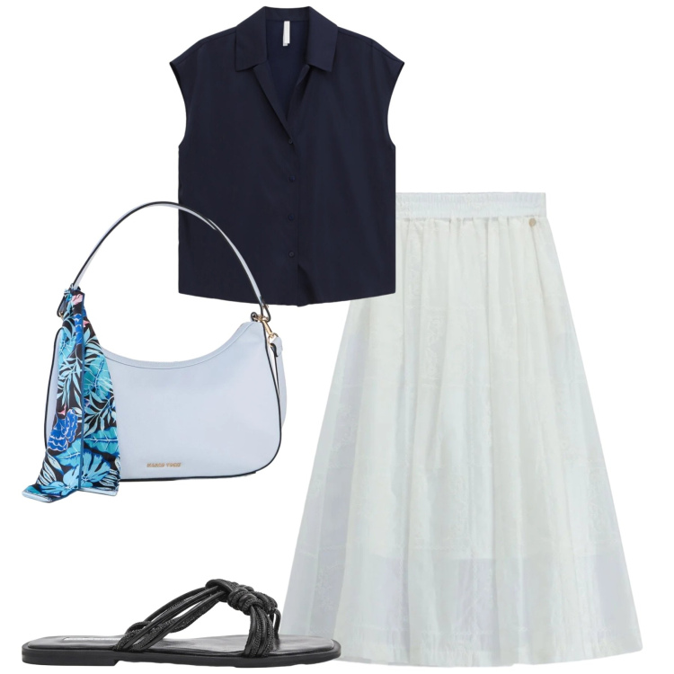 Outfit donna - City. Stile Casual chic per Tutti i giorni. Abbinamento con borse a mano, camicie a manica corta, gonne lunghe, sandali.