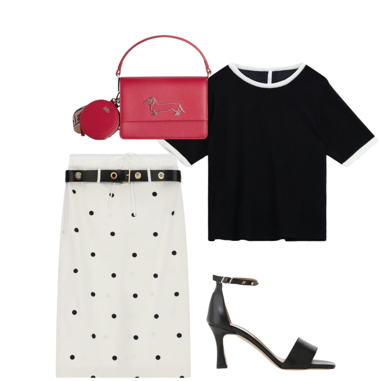 Outfit donna - Bianco, nero…è un tocco di colore. Stile Bon Ton Abbinamento con borse a tracolla, t-shirt, sandali col tacco, gonne longuette.