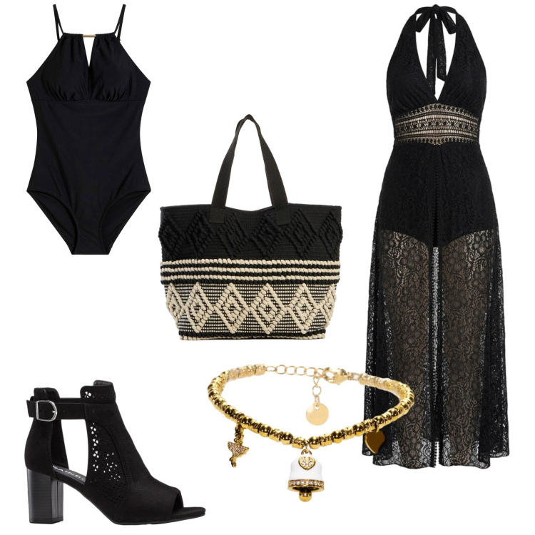 Outfit donna - Aperitivo in spiaggia. Stile Chic per Serata fuori. Abbinamento con costumi interi, sandali col tacco, shopping bag, tuta corta, braccialetti.