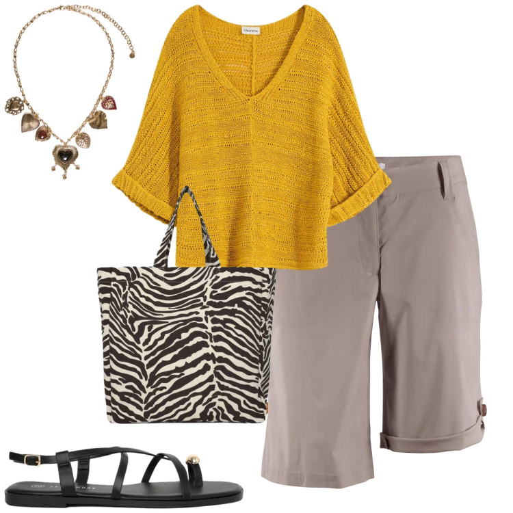 Outfit donna - City. Stile Casual chic per Tutti i giorni. Abbinamento con bermuda, bluse, shopping bag, sandali, collane.