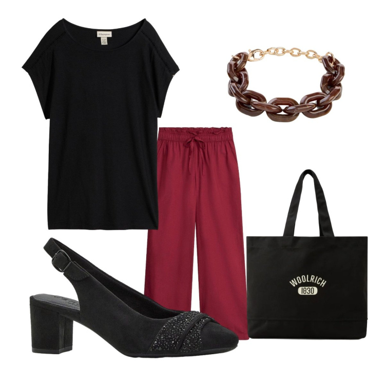 Outfit donna - Estate in ufficio. Stile Basic per Ufficio. Abbinamento con décolleté, braccialetti, pantaloni a palazzo, t-shirt, borse tote.