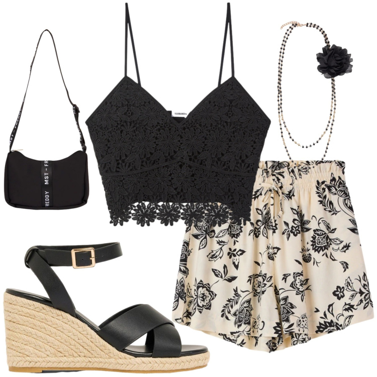 Outfit donna - Eleganza Botanica e Bustier Nero Chic. Stile Casual chic per Serata fuori. Abbinamento con occhiali da sole, zeppe, shorts, top, borse a tracolla, collane.