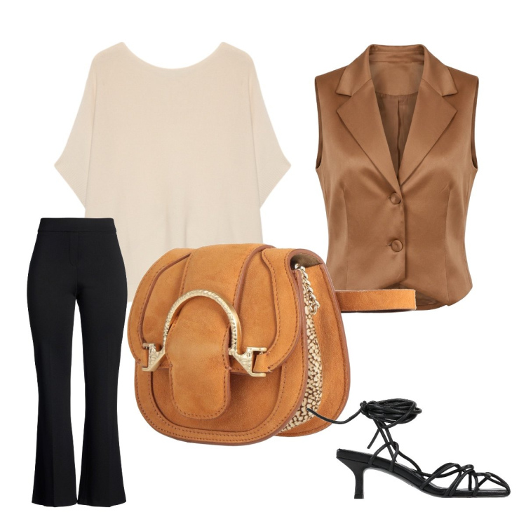 Outfit donna - Equilibri curvy. Stile Mannish per Serata fuori. Abbinamento con marsupi, sandali col tacco, pantaloni, gilet, t-shirt.