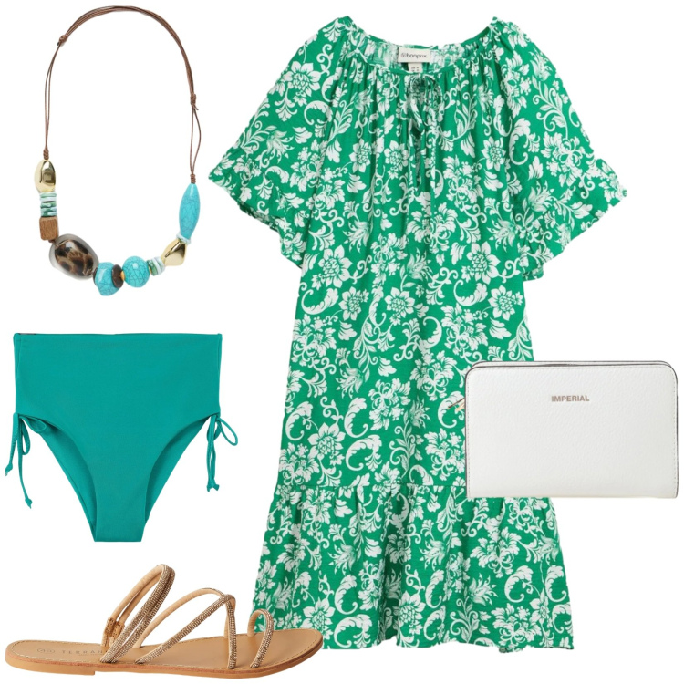 Outfit donna - Total look #2424711. Stile Casual chic per Mare. Abbinamento con vestiti, sandali, bikini, borse a tracolla, collane.