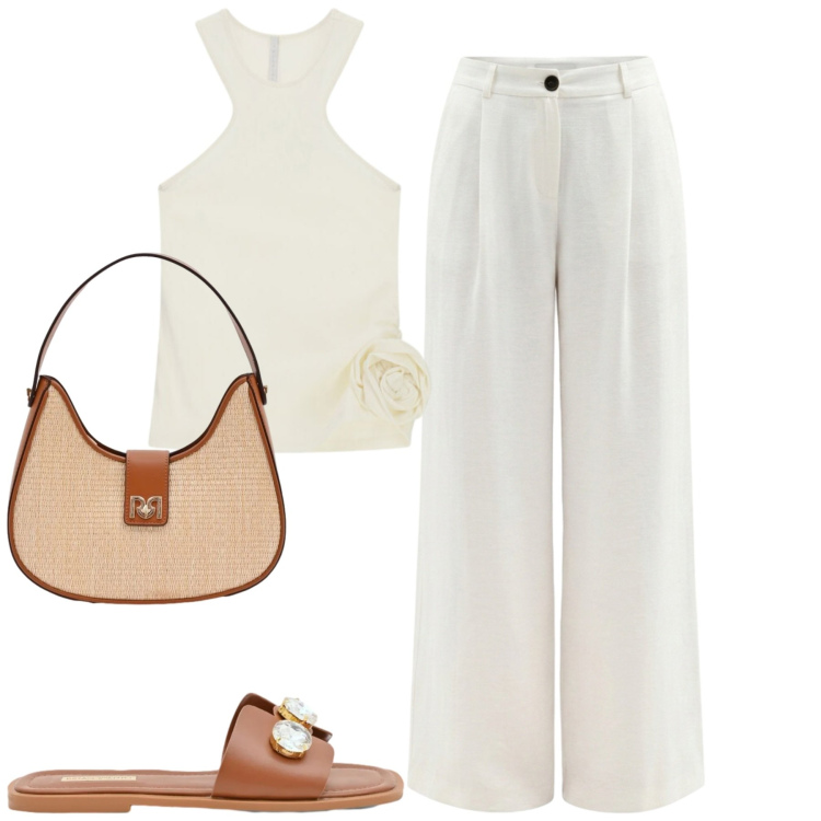 Outfit donna - City. Stile Urban per Tutti i giorni. Abbinamento con top, pantaloni a palazzo, borse a spalla, sandali gioiello.