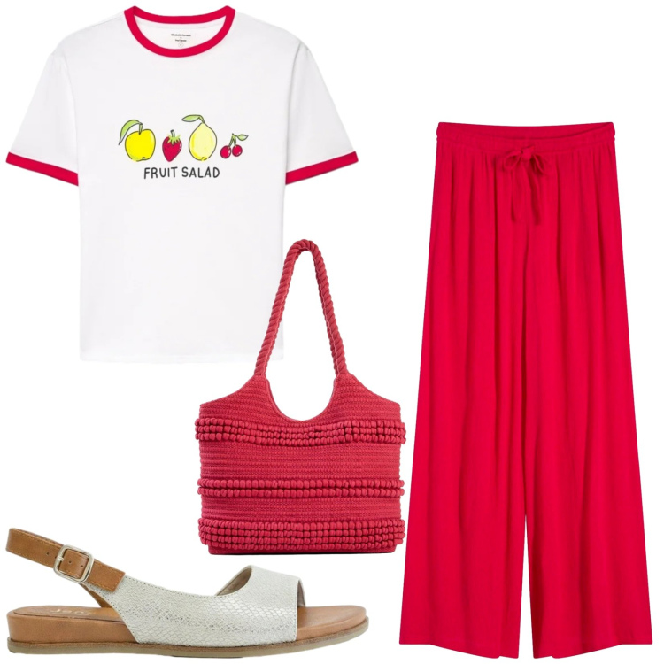 Outfit donna - Total look #2424713. Stile Casual per Tutti i giorni. Abbinamento con pantaloni, sandali, shopping bag, t-shirt.