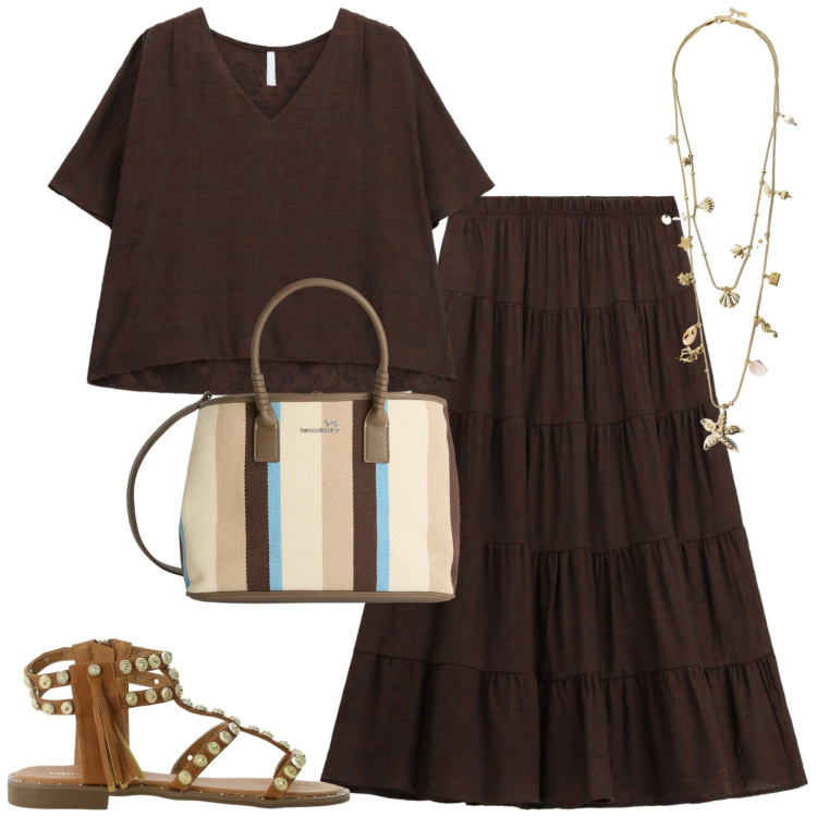 Outfit donna - Imperial. Stile Casual chic per Tutti i giorni. Abbinamento con shopping bag, sandali, collane, gonne lunghe, bluse.