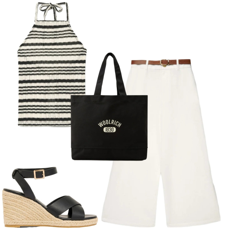 Outfit donna - City. Stile Casual chic per Tutti i giorni. Abbinamento con zeppe, pantaloni a palazzo, canottiere, borse tote.