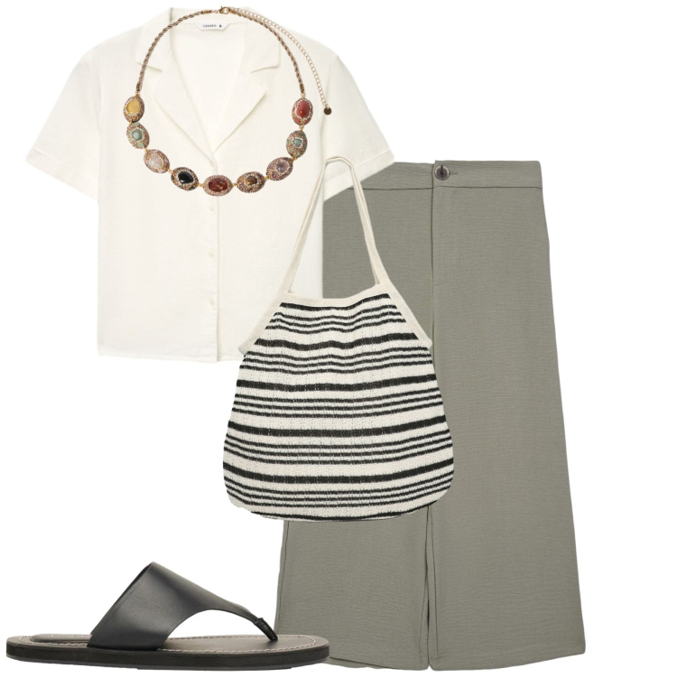 Outfit donna - City. Stile Casual chic per Tutti i giorni. Abbinamento con infradito, camicie a manica corta, pantaloni a palazzo, shopping bag, collane.