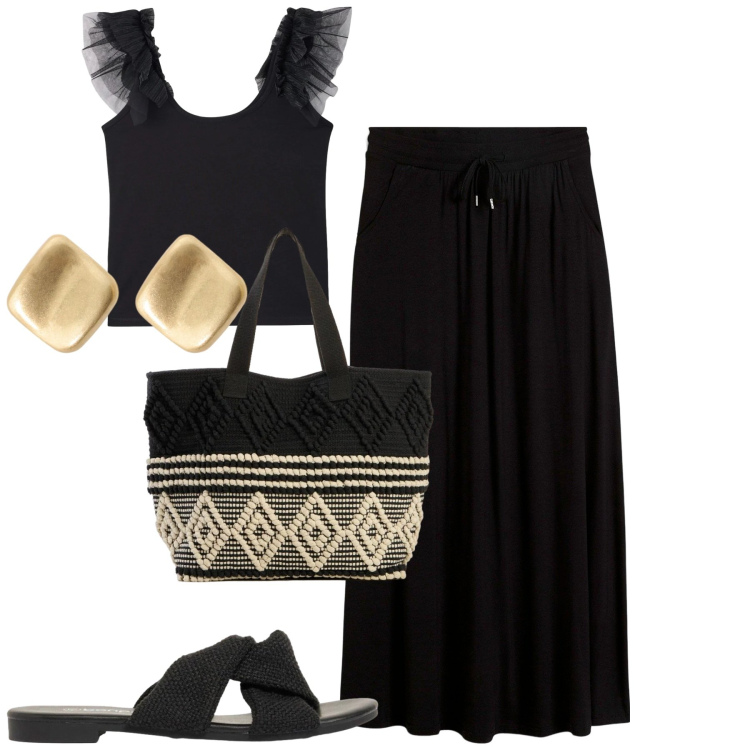 Outfit donna - Giugno. Stile Casual chic per Tutti i giorni. Abbinamento con gonne, sandali, shopping bag, canottiere, orecchini.
