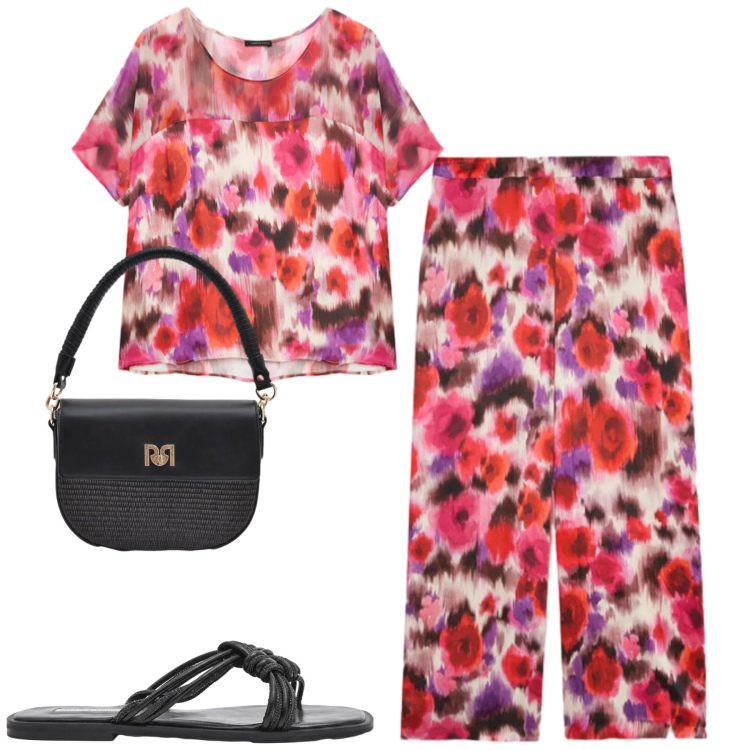 Outfit donna - Fiorella Rubino. Stile Casual chic per Tutti i giorni. Abbinamento con borse a spalla, sandali, bluse, pantaloni a palazzo.