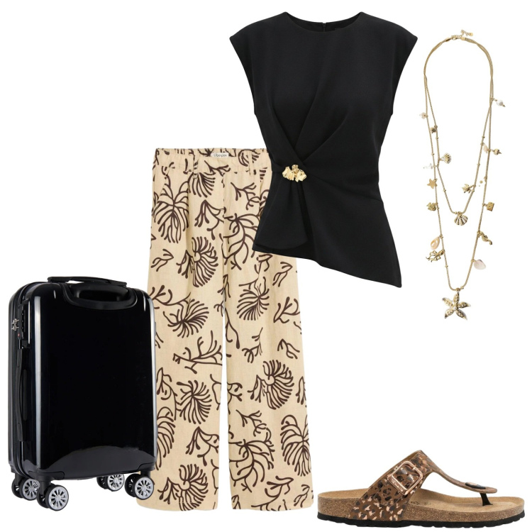 Outfit donna - Weekend fuori porta. Stile Casual chic per Tutti i giorni. Abbinamento con infradito, pantaloni, collane, valigie, top.