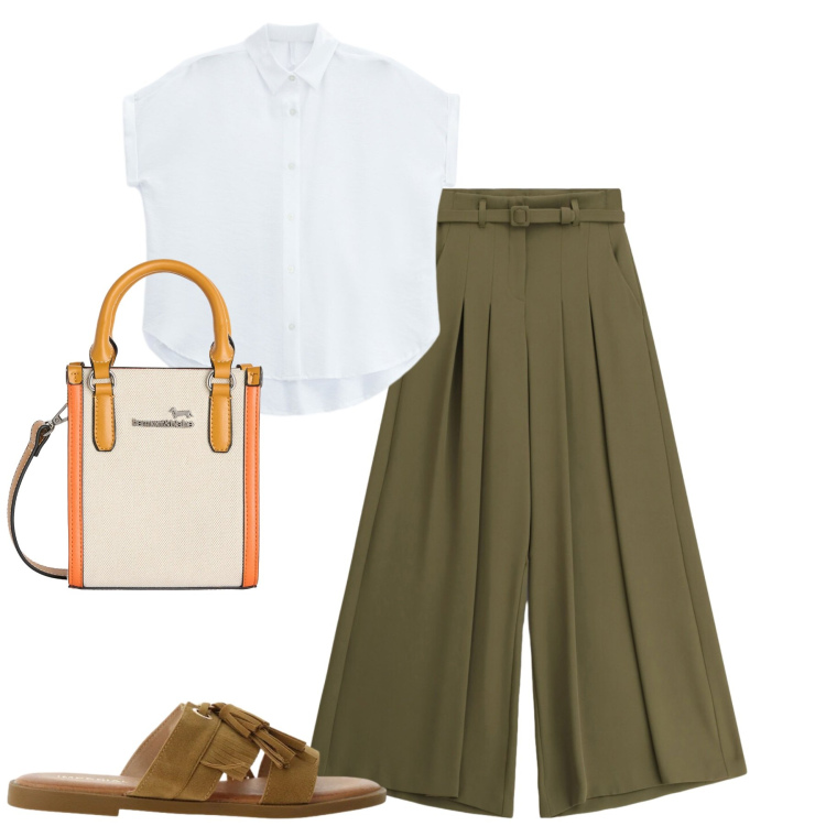 Outfit donna - Total look #2424772. Stile Urban per Tutti i giorni. Abbinamento con borse tote, pantaloni a palazzo, sandali, camicie a manica corta.