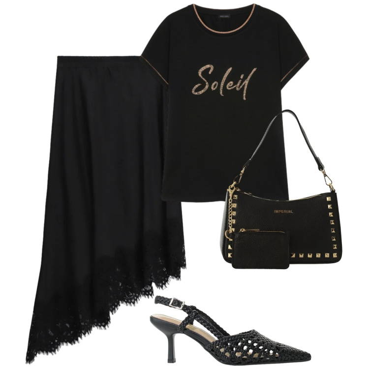 Outfit donna - Giugno. Stile Casual chic per Tutti i giorni. Abbinamento con borse a spalla, décolleté, gonne longuette, t-shirt.