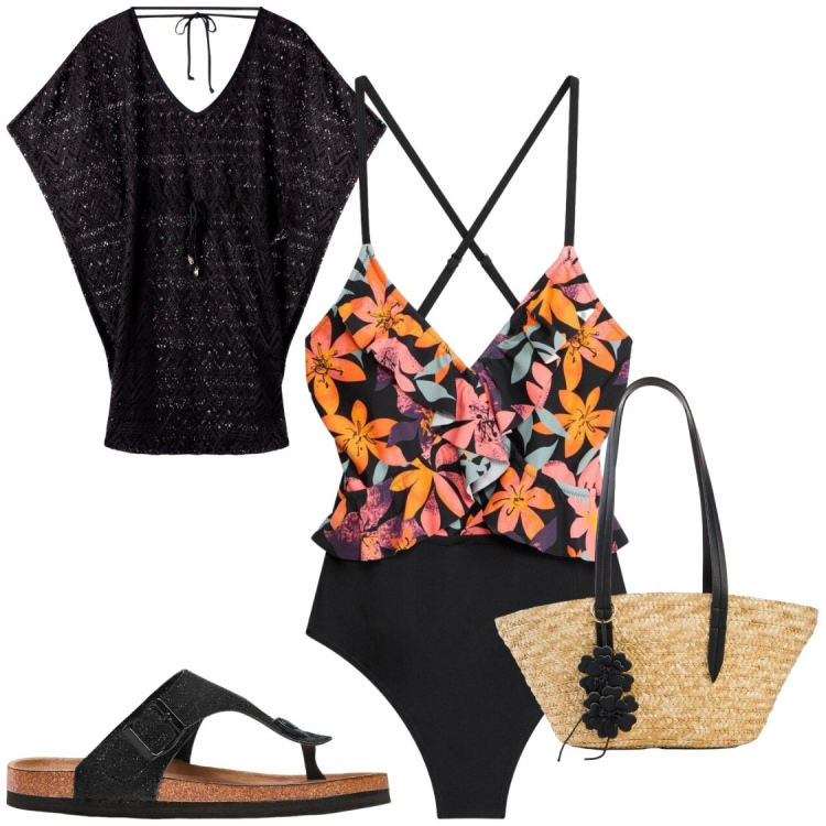 Outfit donna - Costumi interi Bonprix. Stile Chic per Mare. Abbinamento con shopping bag, infradito, costumi interi, vestiti da spiaggia.