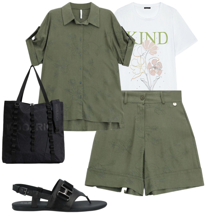 Outfit donna - City. Stile Casual chic per Tutti i giorni. Abbinamento con infradito, shorts, camicie a manica corta, borse tote, t-shirt.