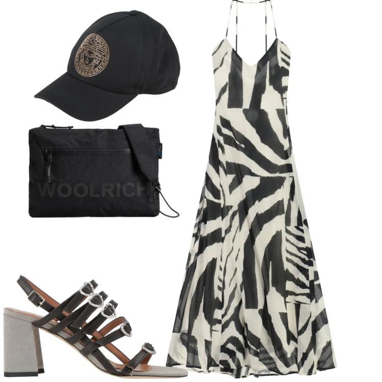 Outfit donna - City. Stile Trendy per Tutti i giorni. Abbinamento con cappelli con visiera, sandali in pelle, vestiti lunghi, borse a tracolla.