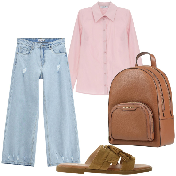 Outfit donna - Camicia e jeans. Stile Trendy per Tutti i giorni. Abbinamento con zaini, sandali, camicie, jeans.