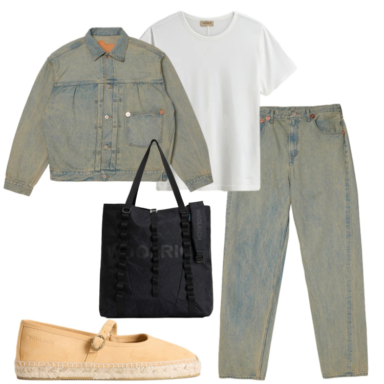 Outfit donna - City. Stile Casual per Tutti i giorni. Abbinamento con borse tote, espadrillas, t-shirt, jeans, cappotti.