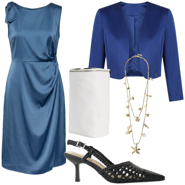 Outfit donna - Serata chic. Stile Chic per Serata fuori. Abbinamento con zaini, décolleté, collane, bolero, vestiti midi/longuette.