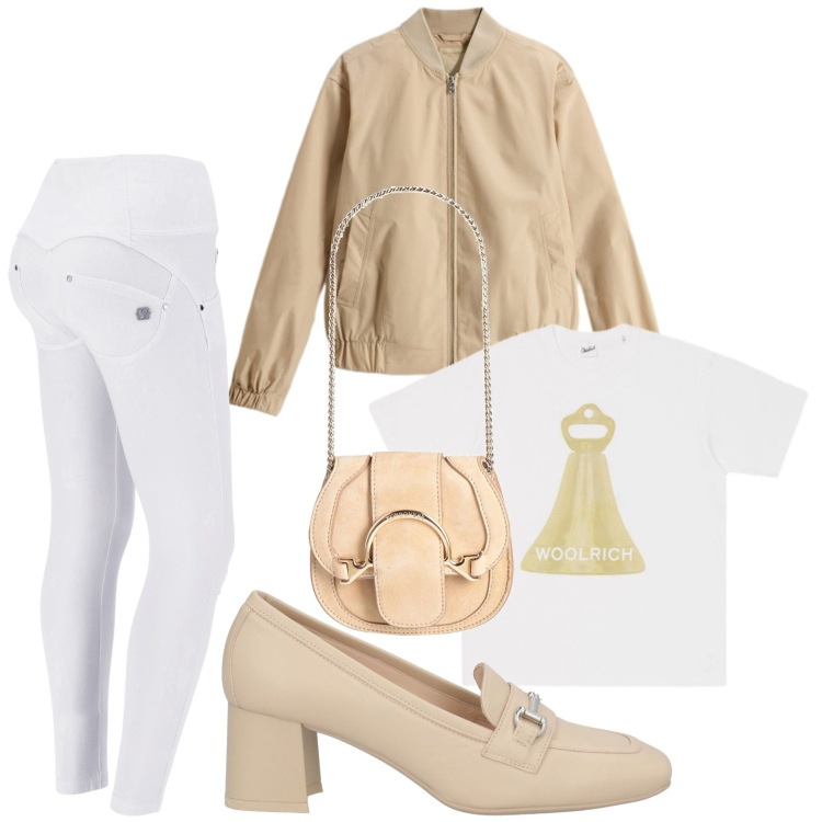 Outfit donna - Mix di stili. Stile Casual per Tutti i giorni. Abbinamento con marsupi, mocassini, pantaloni skinny, bomber, t-shirt.