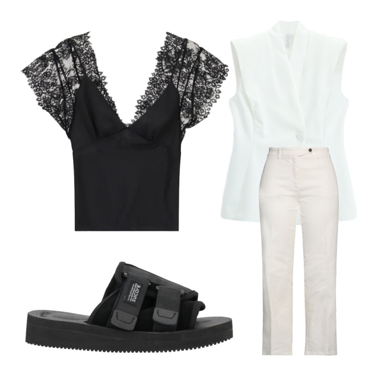 Outfit donna - Black and White. Stile Sporty chic per Serata fuori. Abbinamento con jeans dritti, sandali, canottiere, gilet.