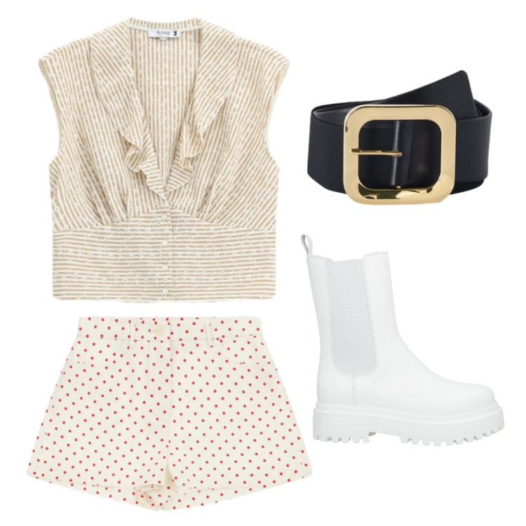 Outfit donna - Righe e pois. Stile Casual per Serata fuori. Abbinamento con stivaletti, shorts, camicie, cinture.