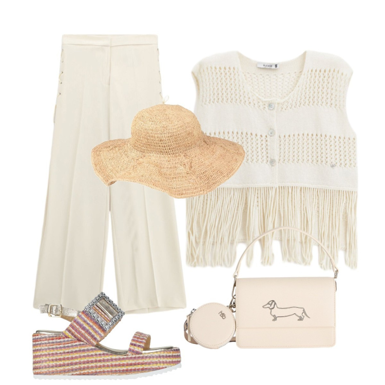 Outfit donna - In città. Stile Casual chic per Serata fuori. Abbinamento con cappelli, sandali in pelle, borse a tracolla, pantaloni, top.