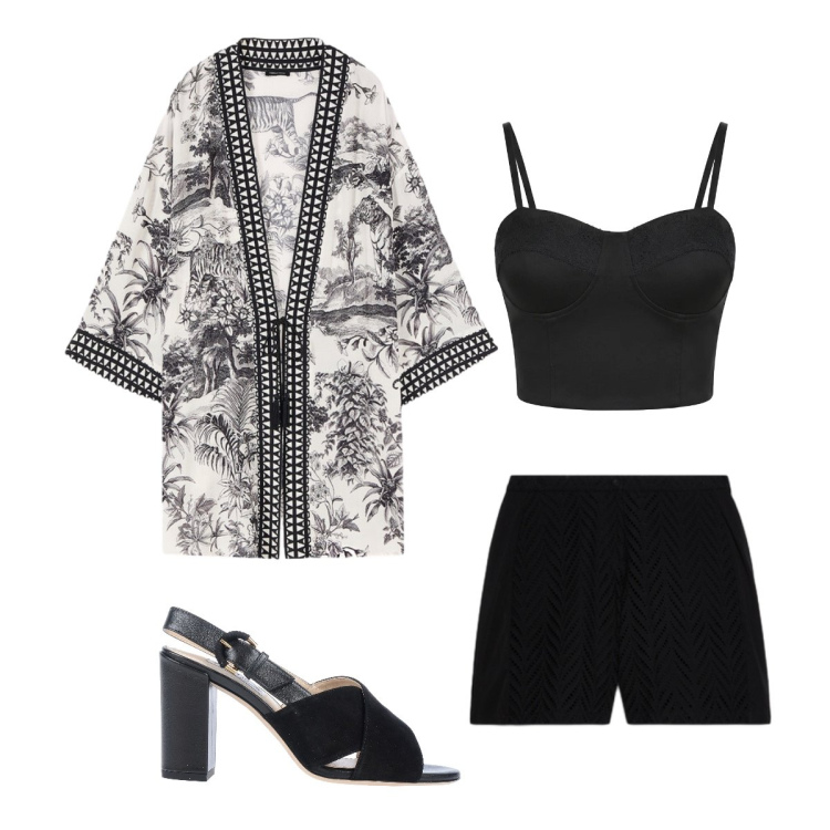 Outfit donna - Total look. Stile Etnico per Serata fuori. Abbinamento con sandali in pelle, top, caftani, shorts.