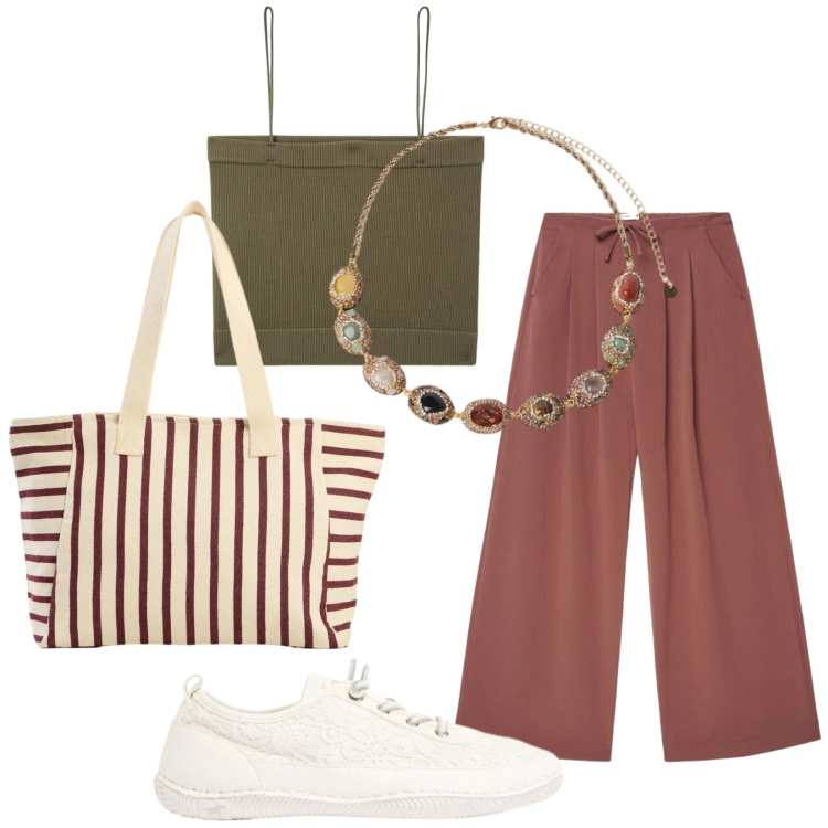 Outfit donna - Total look #2424862. Stile Trendy per Tutti i giorni. Abbinamento con sneakers, shopping bag, top, pantaloni, collane.