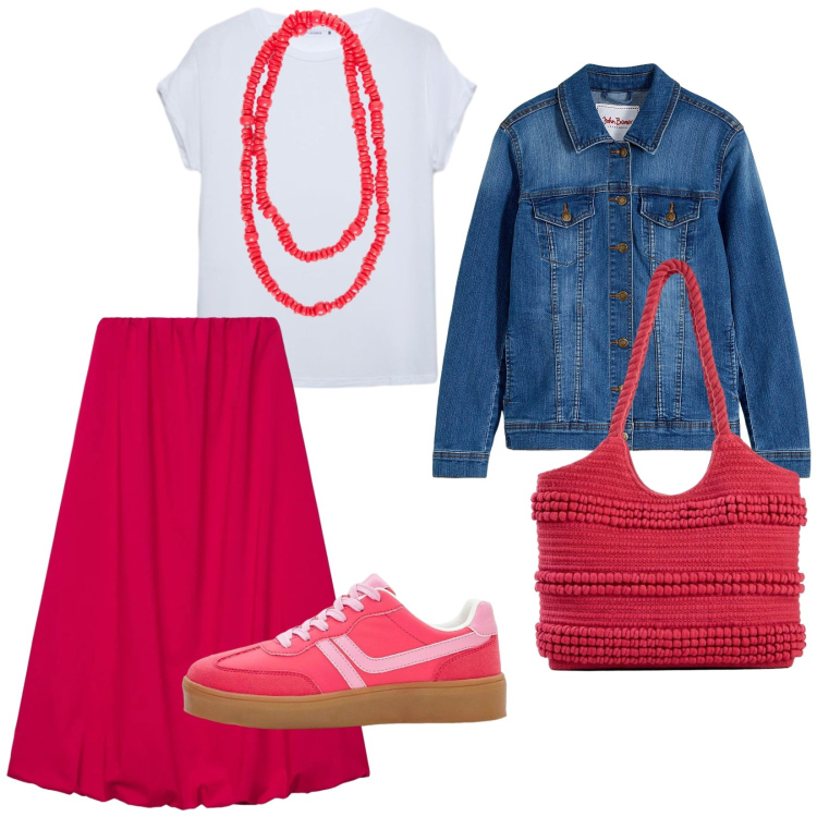 Outfit donna - Total look #2424868. Stile Trendy per Tutti i giorni. Abbinamento con blazer, sneakers, shopping bag, gonne lunghe, t-shirt, collane.