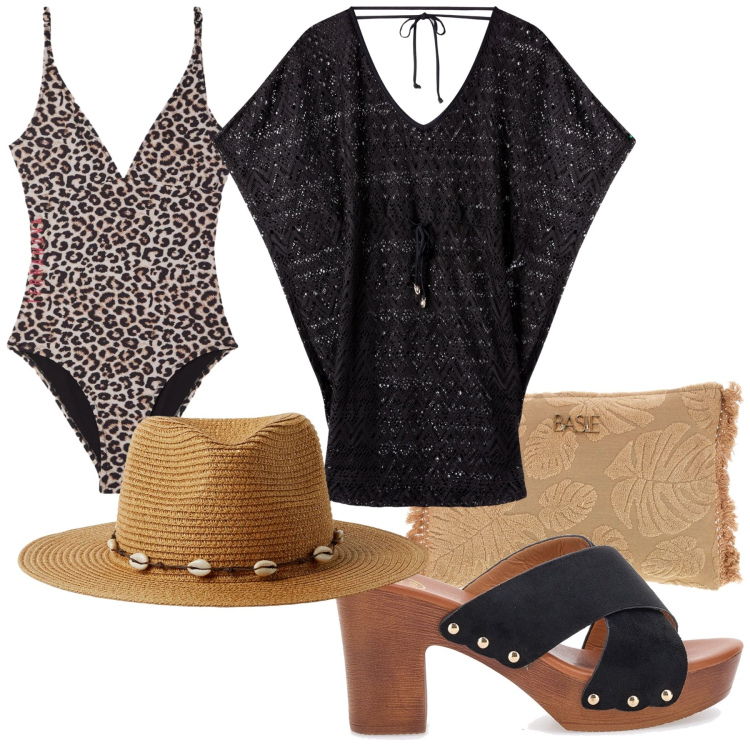 Outfit donna - Solitary beach. Stile Chic per Mare. Abbinamento con cappelli, vestiti da spiaggia, costumi interi, zoccoli, pochette.