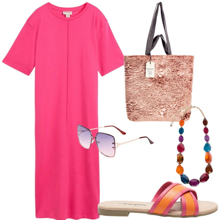 Outfit donna - Fucsia & Chic. Stile Casual chic per Tutti i giorni. Abbinamento con occhiali da sole, ciabatte, vestiti, borse tote, collane.