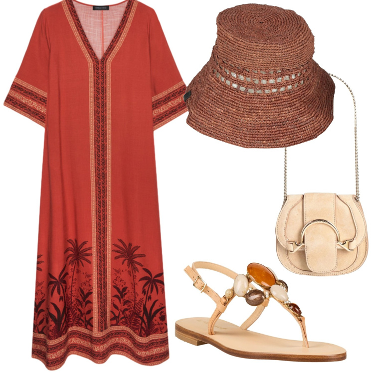 Outfit donna - Tropical mood. Stile Chic per Mare. Abbinamento con marsupi, cappelli con visiera, infradito, caftani.