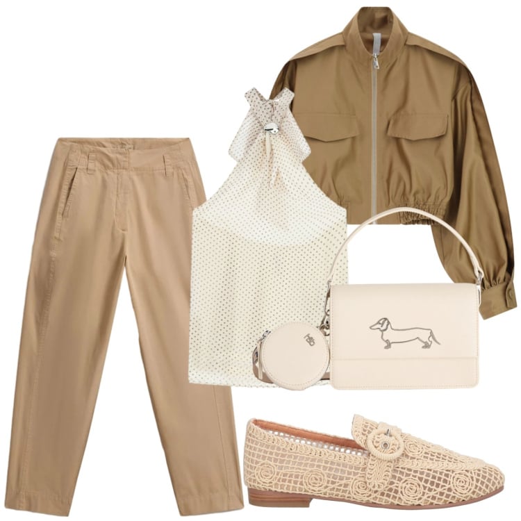 Outfit donna - Bomber leggero. Stile Basic per Tutti i giorni. Abbinamento con mocassini, borse a tracolla, top, bomber, pantaloni.