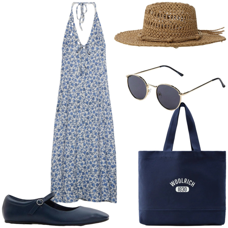 Outfit donna - Caldo afoso. Stile Romantica per Tutti i giorni. Abbinamento con occhiali da sole, ballerine, vestiti lunghi, cappelli, borse tote.