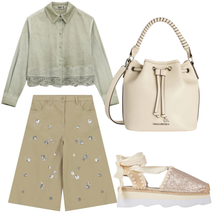 Outfit donna - Camicia contemporanea. Stile Casual per Tutti i giorni. Abbinamento con décolleté, borse a secchiello, bermuda, camicie.