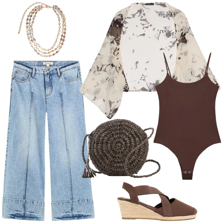 Outfit donna - Passeggiata. Stile Casual chic per Serata fuori. Abbinamento con borse a tracolla, jeans, zeppe, top, bolero, collane.