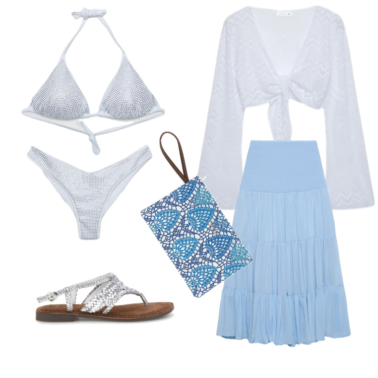 Outfit donna - Pronta per aperitivo in spiaggia. Stile Boho per Mare. Abbinamento con top, bikini, bikini, gonne lunghe, pochette, sandali.