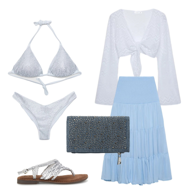 Outfit donna - Pronta per aperitivo serale in spiaggia. Stile Boho per Mare. Abbinamento con gonne lunghe, top, portafogli, bikini, bikini, sandali.